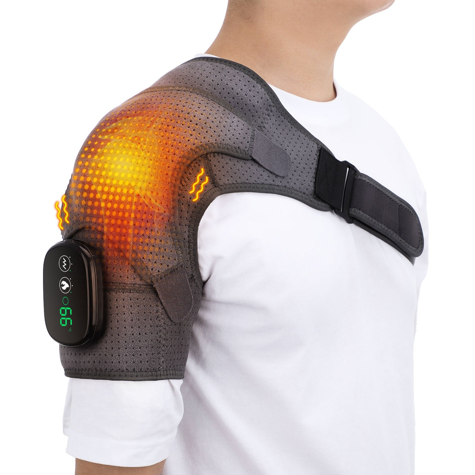NNEDSZ Gray Rechargeable Heated Shoulder Massager with LED Display - Adjustable Compression Wrap for Pain Relief and Relaxation