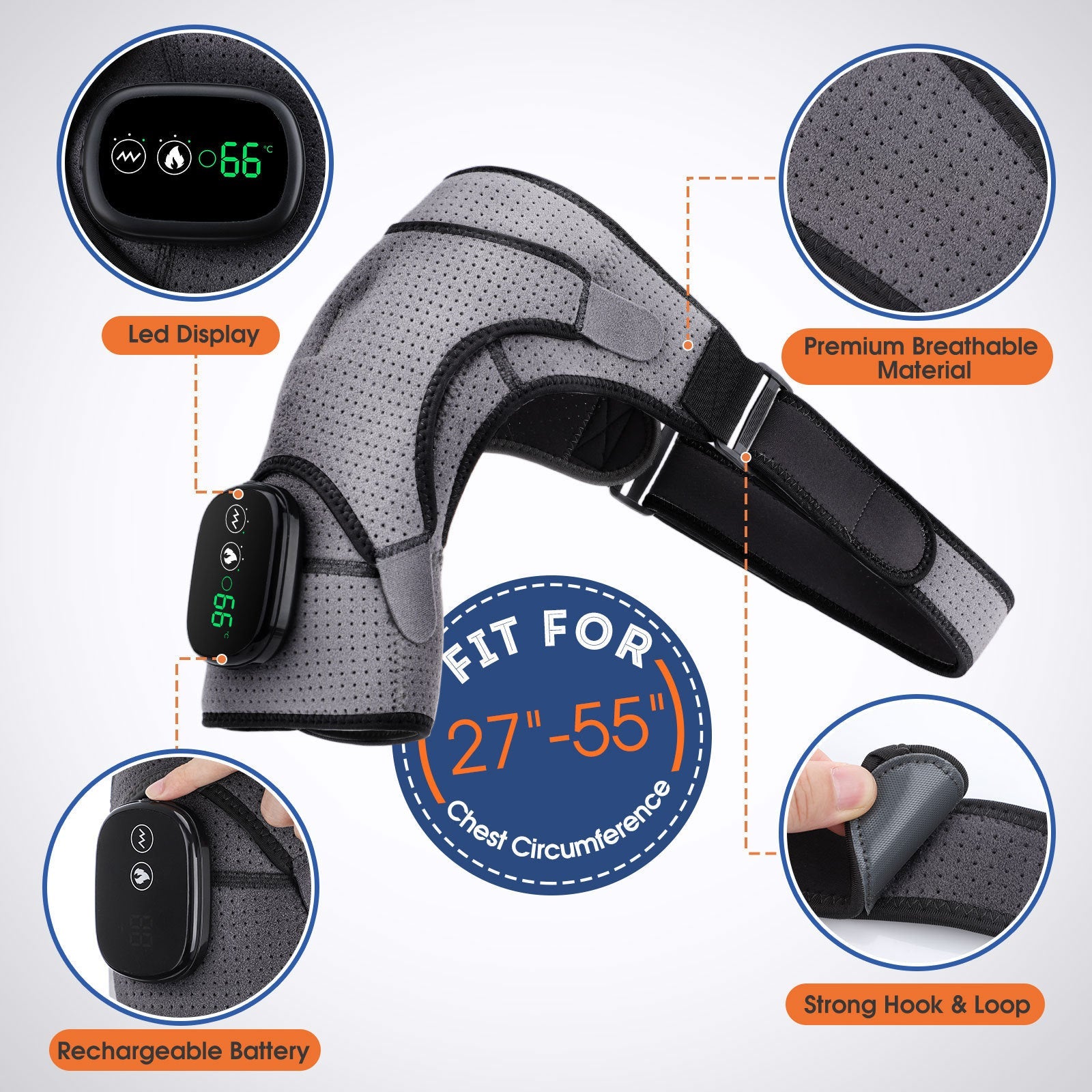 NNEDSZ Gray Rechargeable Heated Shoulder Massager with LED Display - Adjustable Compression Wrap for Pain Relief and Relaxation
