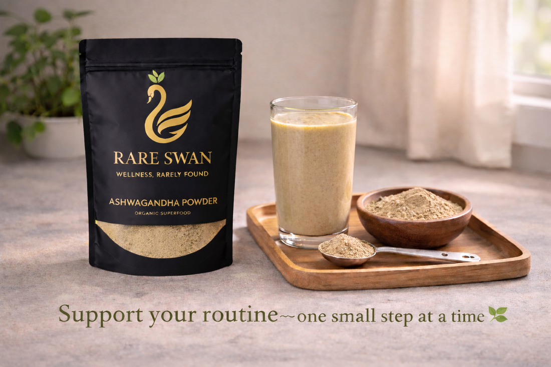 Rare Swan wellness ashwagandha powder superfood displayed with beige ashwagandha drink, powder bowl, and spoon in a calm wellness setting.