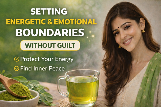 Indian woman smiling calmly with herbal tea and moringa powder, representing setting emotional and energetic boundaries for inner peace and wellness