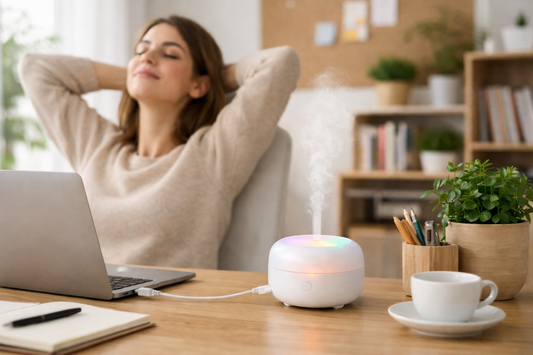 Desk worker relaxing with a USB aroma diffuser creating a calm workspace