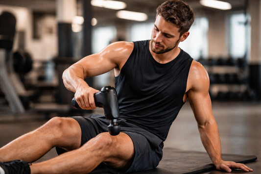 Gym-goer using the best muscle massage gun for post-workout muscle recovery