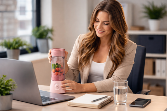 Woman using a portable USB blender to make a smoothie at an office desk