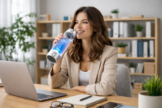 Woman using Rare Swan Wellness hydrogen water ionizer bottle in office workspace