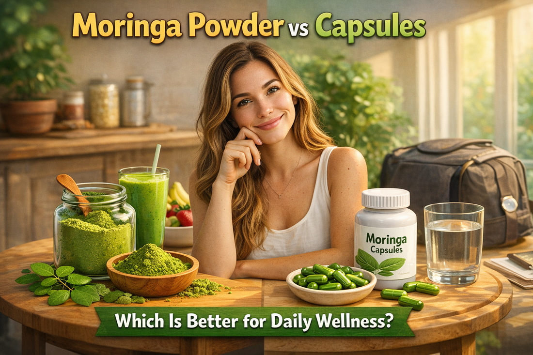 Woman comparing moringa powder and capsules on a kitchen table with green smoothie and supplements, illustrating moringa powder vs capsules for daily wellness.