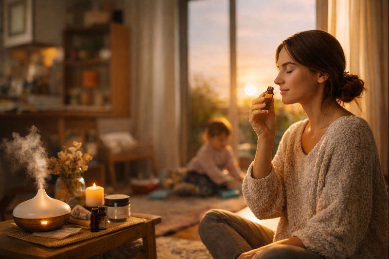 Woman practicing mindful living with aromatherapy at home while a child plays nearby in a warm, modern living space