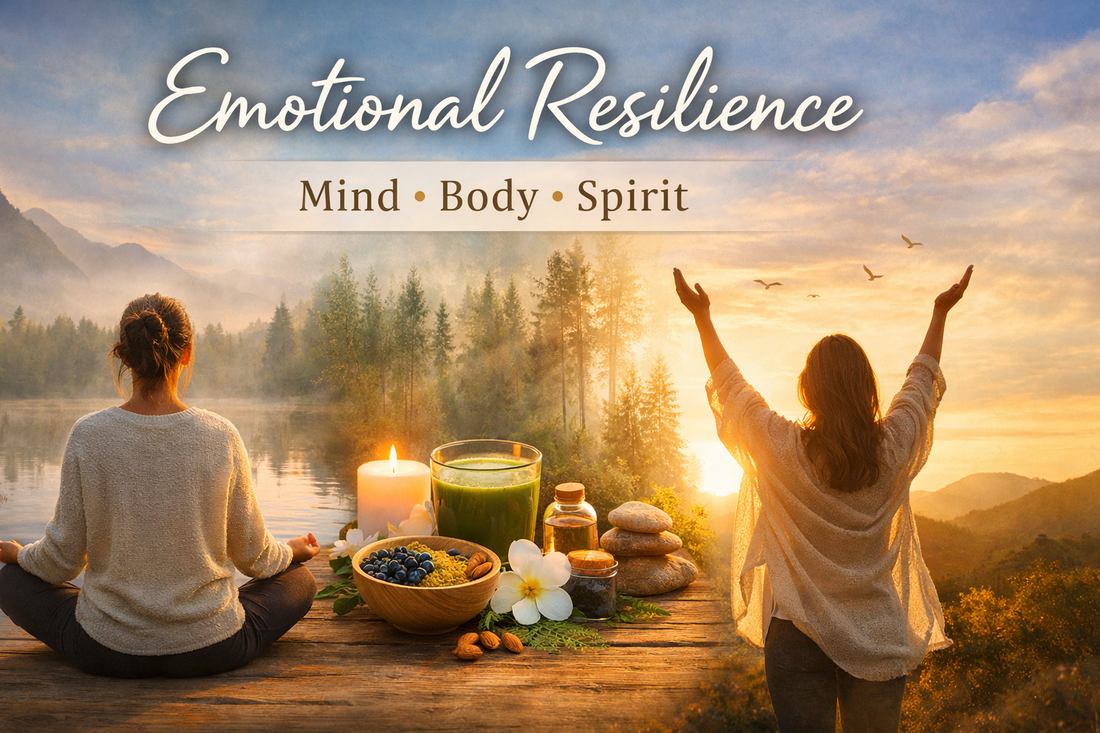 Emotional resilience through mind, body, and spirit shown by meditation, nourishing superfoods, and connection with nature at sunrise.
