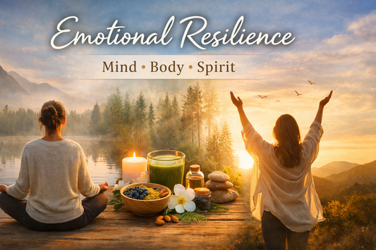 Emotional resilience through mind, body, and spirit shown by meditation, nourishing superfoods, and connection with nature at sunrise.