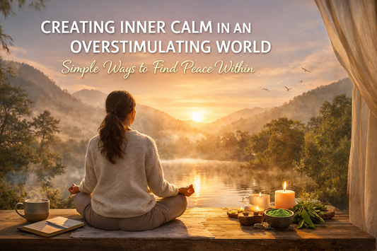 Woman meditating by a lake at sunrise representing creating inner calm in an overstimulating world