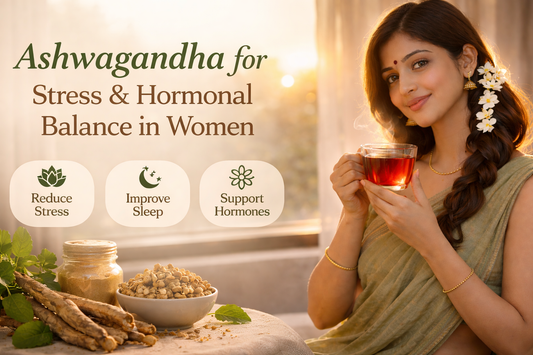 Indian woman in green saree holding a cup of herbal tea at sunset with ashwagandha root and powder displayed beside her, representing ashwagandha for stress and hormonal balance in women.