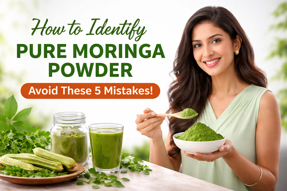 Indian woman holding pure moringa powder in bowl and spoon, showing how to identify pure moringa powder and avoid common mistakes