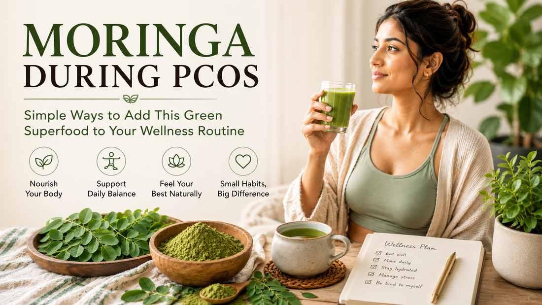 Woman preparing moringa powder smoothie as part of a wellness routine