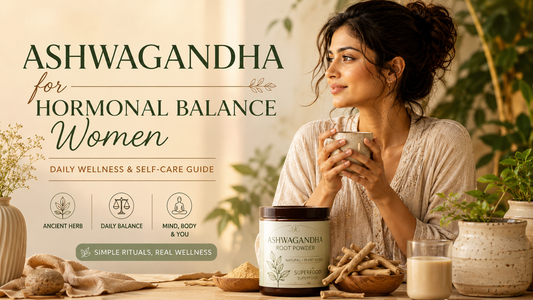 Indian woman enjoying a warm herbal drink with Ashwagandha powder as part of a daily wellness and self-care routine