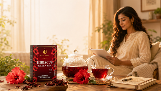 Rare Swan Hibiscus Green Tea with ruby-red tea, hibiscus flowers and an Indian woman enjoying a peaceful wellness moment.