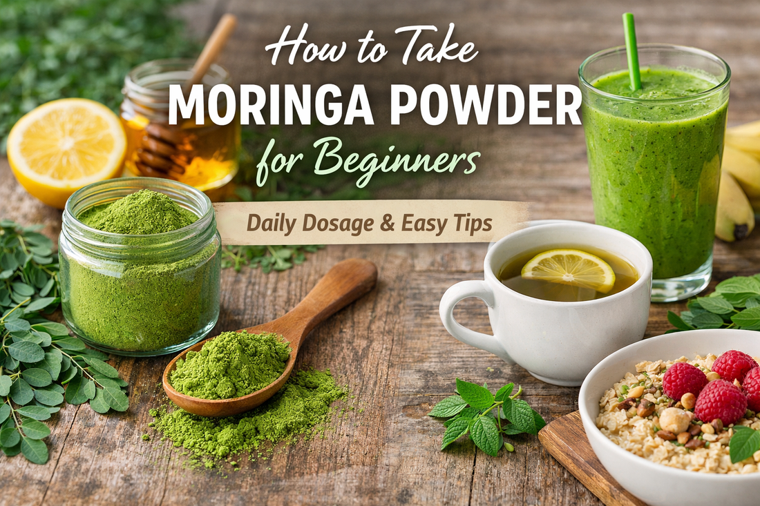 Moringa powder in wooden bowl with green smoothie and lemon water, illustrating how to take moringa powder for beginners by Rare Swan Wellness.