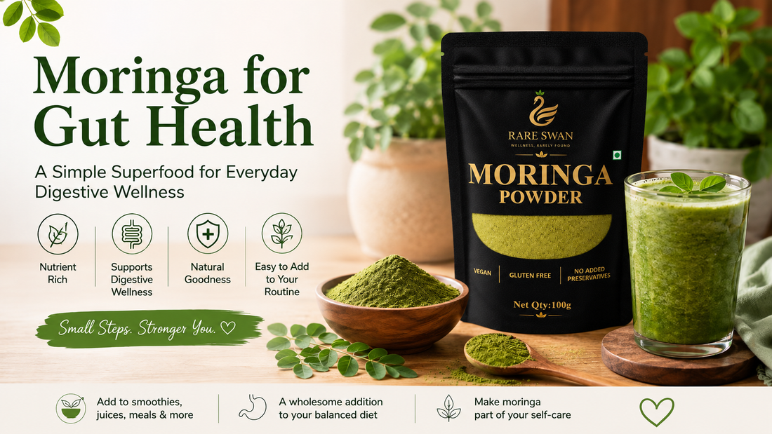 Rare Swan Moringa Powder with moringa leaves and green smoothie for everyday gut and digestive wellness