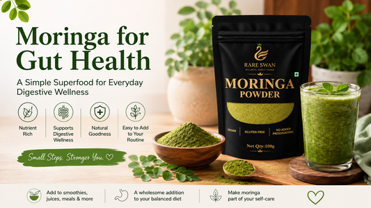 Rare Swan Moringa Powder with moringa leaves and green smoothie for everyday gut and digestive wellness