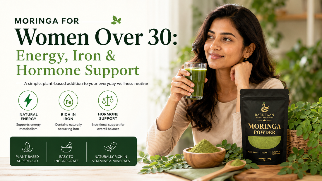 Moringa for women over 30 with green moringa drink and Rare Swan Moringa Powder for everyday nutrition, energy and iron support