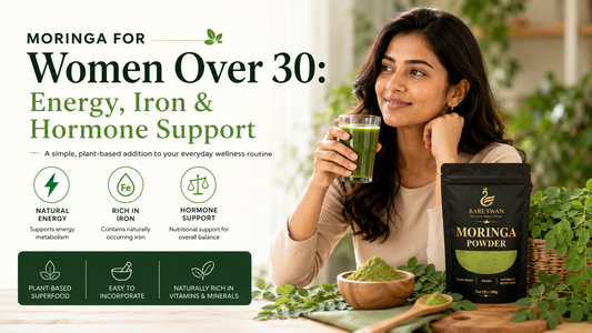 Moringa for women over 30 with green moringa drink and Rare Swan Moringa Powder for everyday nutrition, energy and iron support
