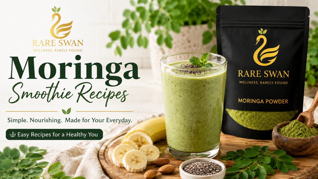 Creamy moringa smoothie made with banana, moringa powder and natural ingredients alongside Rare Swan Wellness Moringa Powder in a bright wellness kitchen setting.