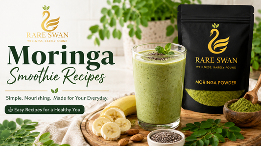 Creamy moringa smoothie made with banana, moringa powder and natural ingredients alongside Rare Swan Wellness Moringa Powder in a bright wellness kitchen setting.