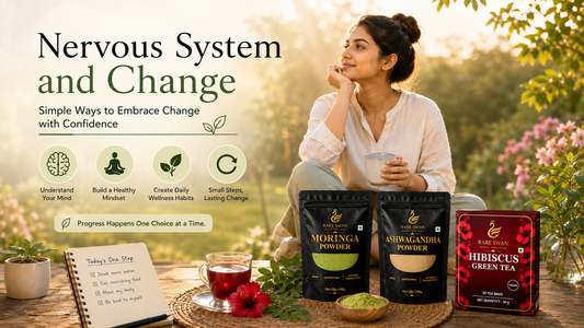 Nervous system and change wellness blog featuring Rare Swan Moringa Powder, Ashwagandha Powder and Hibiscus Green Tea in a peaceful outdoor setting.