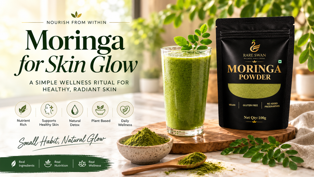 Rare Swan Moringa Powder with green smoothie and moringa leaves for a simple daily wellness routine supporting healthy-looking, radiant skin.