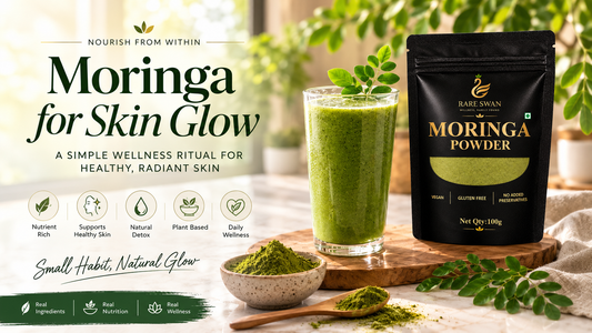 Rare Swan Moringa Powder with green smoothie and moringa leaves for a simple daily wellness routine supporting healthy-looking, radiant skin.