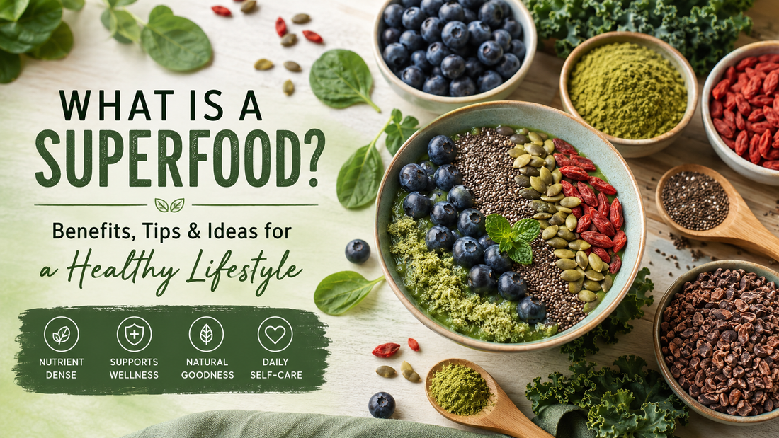 A selection of nutrient-dense superfoods including berries, seeds, leafy greens and superfood powders displayed in bowls to illustrate the benefits of superfoods for a healthy lifestyle