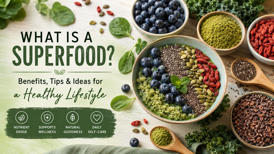 A selection of nutrient-dense superfoods including berries, seeds, leafy greens and superfood powders displayed in bowls to illustrate the benefits of superfoods for a healthy lifestyle