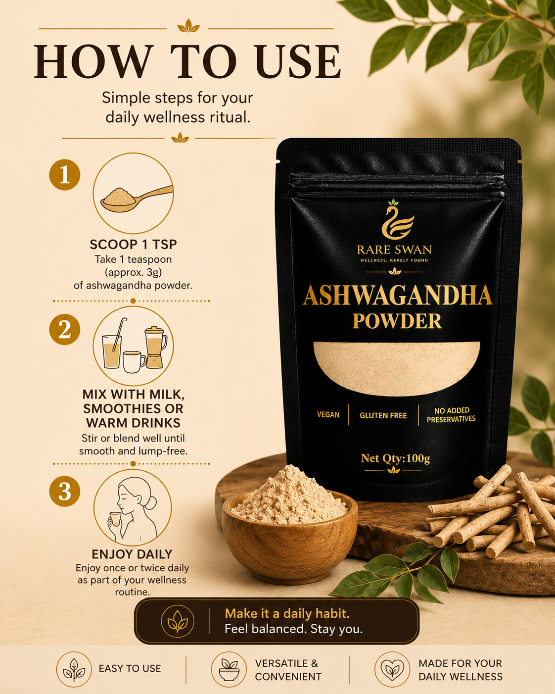 Rare Swan Ashwagandha Powder for Daily Calm and Balance