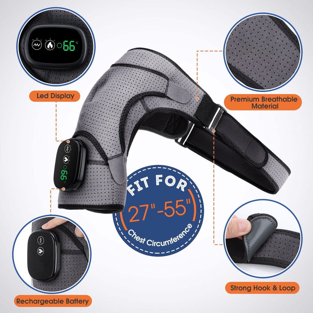 NNEDSZ Gray Rechargeable Heated Shoulder Massager with LED Display - Adjustable Compression Wrap for Pain Relief and Relaxation
